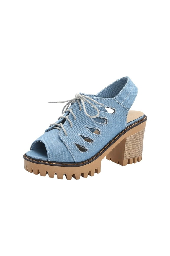 Women's Summer Trendy Denim High Heel Chunky Heel Peep Toe Slingback Sandals Casual Shoes