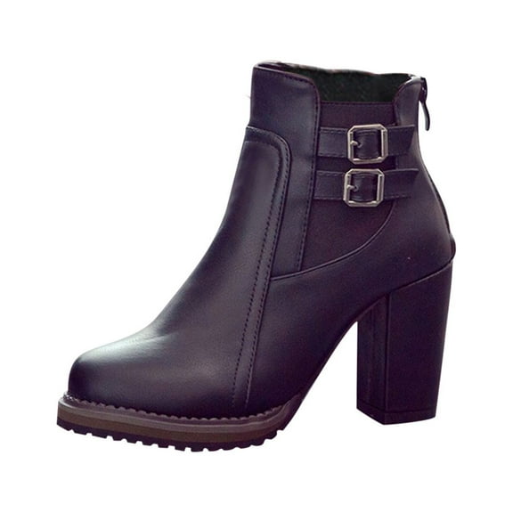 OAVQHLG3B Women's Winter Vintage Thick Heel Belt Buckle Side Zipper Low Tube High Heel Ankle Boots