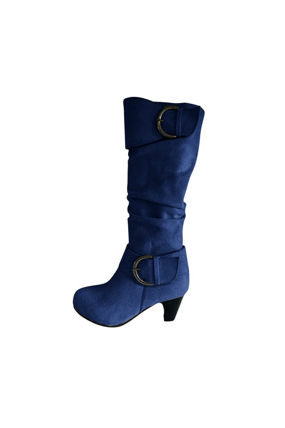 Women's Winter Warm High Heel Straight Leather Belt Buckle Suede Thick Heel Knight Boots