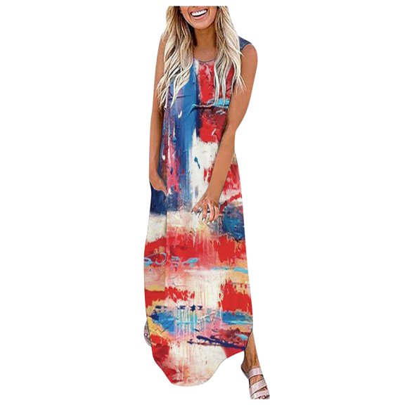 OAVQHLG3B Womens Dresses Sun Dresses Women Summer Casual 4th of July Outfits American flag Casual Sleeveless Printed Summer O-Neck Dress