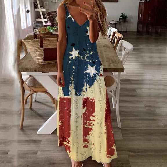 OAVQHLG3B Womens Dresses Sun Dresses Women Summer Casual 4th of July Outfits American flag s Summer Casual Beach Sleeveless Suspenders Printing Dress