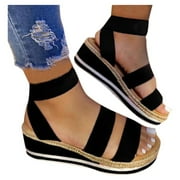 OAVQHLG3B Womens Flat Comfortable Elastic Band Ankle Strap Wedge Open Toe Platform Sandals