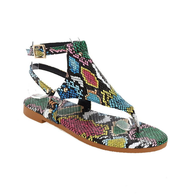 OAVQHLG3B Womens Flat Sandals Herringbone Snakeskin Print Roman