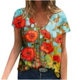 thumbnail image 1 of OAVQHLG3B Womens Summer Tops Casual Casual Plus Size Scenic Flowers Printing V-Neck T-Shirt Tops, 1 of 8