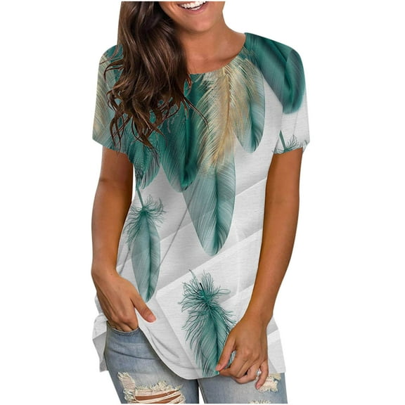 OAVQHLG3B Womens Summer Tops Casual Casual T-shirt Feather Printed Round-Neck Short Sleeve Pullover Tops Blouse