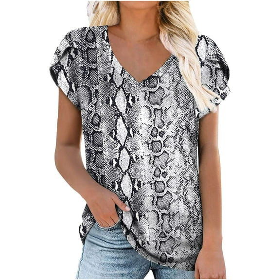 OAVQHLG3B Womens Summer Tops Casual Short Sleeve Print V-Neck T-Shirt Loose Casual Summer Tee Tops
