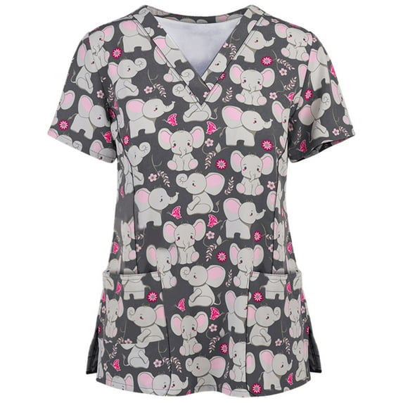 OAVQHLG3B Womens Summer Tops Casual Short Sleeve V-neck Tops Uniform Printed Pockets Blouse Nursing