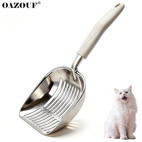 OAZOUF Cat Litter Scoop: Metal Kitty Litter Scoop with Reinforced Comfortable Handle, Double Mesh Design, Heavy Duty, Durable, Poop Sifting, for Litter Box, Grey (Oversized)