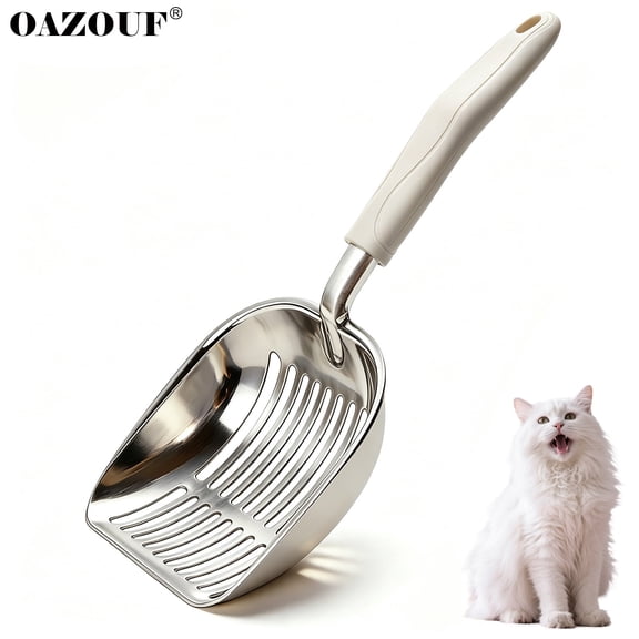 OAZOUF Cat Litter Scoop: Metal Kitty Litter Scoop with Reinforced Comfortable Handle, Double Mesh Design, Heavy Duty, Durable, Poop Sifting, for Litter Box, Grey (Standard)