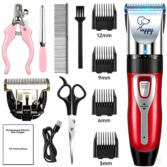 OAZOUF Dog Grooming Clipper Kit Low Noise, Pet Clipper Hair Trimmer Cordless Quiet, Dog Shaver Clipper for Dogs Cats Pets, Red