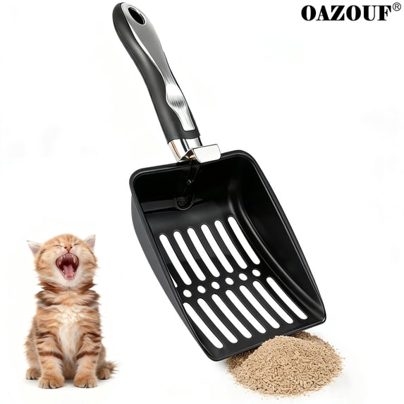 OAZOUF Stainless Steel Cat Little Scoop: Metal Cat Scooper with Ergonomic Handle & Buckle for Easy Waste Removal and Cleaning (Black)