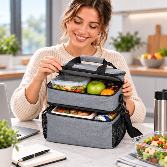 OBAZHA Insulated Lunch Bag for Adults, Double Layer, Leak-Resistant, Adjustable Shoulder Strap, Gray