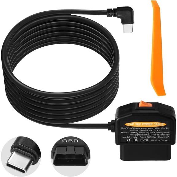 OBD2 Cam Power , Low Protection (11.6V/23.4V) OBD to Type C Adapter 24/7 Parking Mode & Acc Detection Mode Continuous Recording Plug and Play