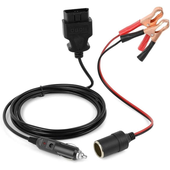 OBD2 Car Memory Saver 2 in 1, Vehicle ECU Emergency Power Supply Cable with Alligator Clip-On 12V Car Battery Cigarette Lighter Power Extension Socket