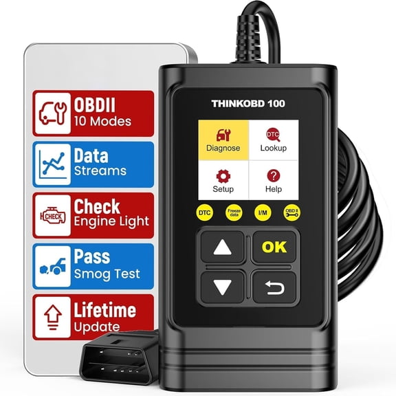 OBD2 Scanner, THINKOBD100 Check Engine Fault Code Reader with Full OBD II Functions, O2 Sensor, CAN Diagnostic Scan Tool for Since 1996