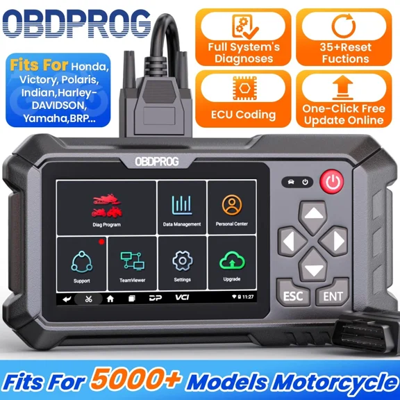 OBDPROG MOTO 100 Motorcycle Scanner Motorbike Diagnostic Tool Check All Systems 30+ Reset Functions OBD2 Scanner for Motorcycle Motor Analyzer Fits for BRP HARLEY HONDA INDIAN POLARIS VICTORY YAMAHA