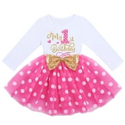 OBEEII 1-3Y Baby Girls Birthday Dress Sequin Bowknot Long Sleeve Round Neck Tops With Chic Letters Print Newborn Infantil Tutu Outfit 1Y Hot Pink 1