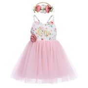 OBEEII 1Y 2Y Pink Floral Dress Party Dress with Floral Headband Birthday Girl Outfit Tutu Dress Flower Girl Dress