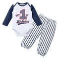 thumbnail image 1 of OBEEII 1st Birthday Boys Outfits Long Sleeve Printed Romper and Striped Pants Set 1 Years Old Birthday Casual Clothes, 1 of 9