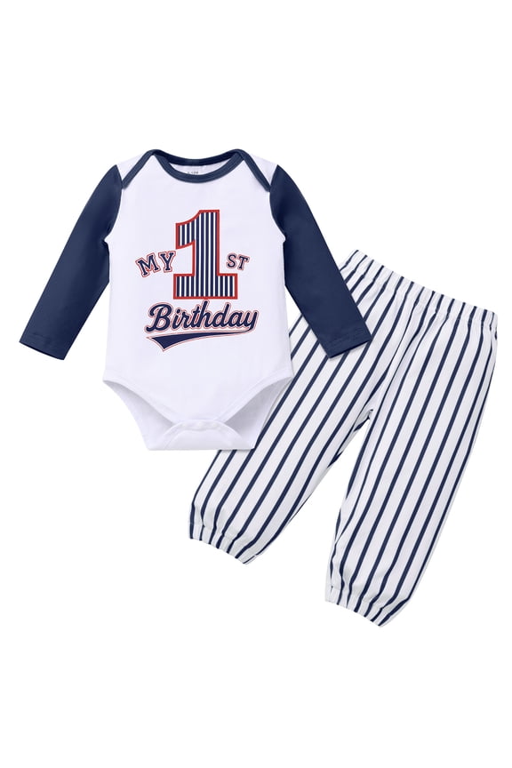 1st Birthday Boys Outfits Long Sleeve Printed Romper and Striped Pants Set 1 Years Old Birthday Casual Clothes