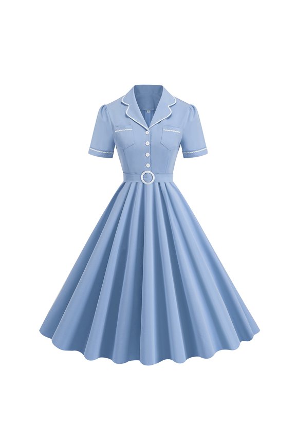 Womens 50s Style Retro Dress Short Sleeve Swing Dress Vintage Cocktail Dress Pin Up Dress with Detachable Belt Wedding Guest Prom Gown
