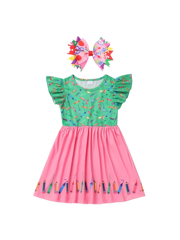 Back to School Dress for Girls Toddle Kids Flutter Sleeve Casual Outfits Pencil Apple Print School Dress Clothes with Bow Headband 4-5 Years Green Pink