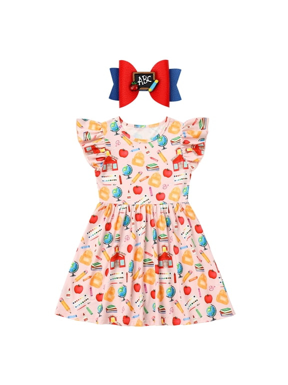 Back to School Dress for Girls Toddle Kids Flutter Sleeve Casual Outfits Pencil Apple Print School Dress Clothes with Bow Headband 4-5 Years Pink