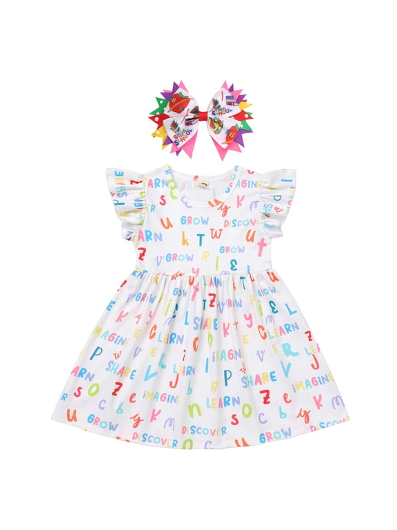 Back to School Dress for Girls Toddle Kids Flutter Sleeve Casual Outfits Pencil Apple Print School Dress Clothes with Bow Headband 6-7 Years White