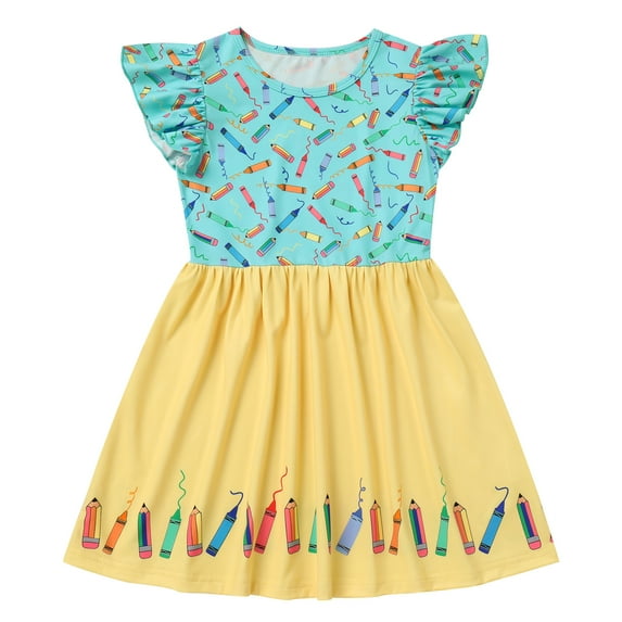 OBEEII Toddle Kids Back to School Dress for Girls Flutter Sleeve First Day of School Casual Outfits Pencil Apple Print School Dress Clothes 6-7 Years Blue Yellow