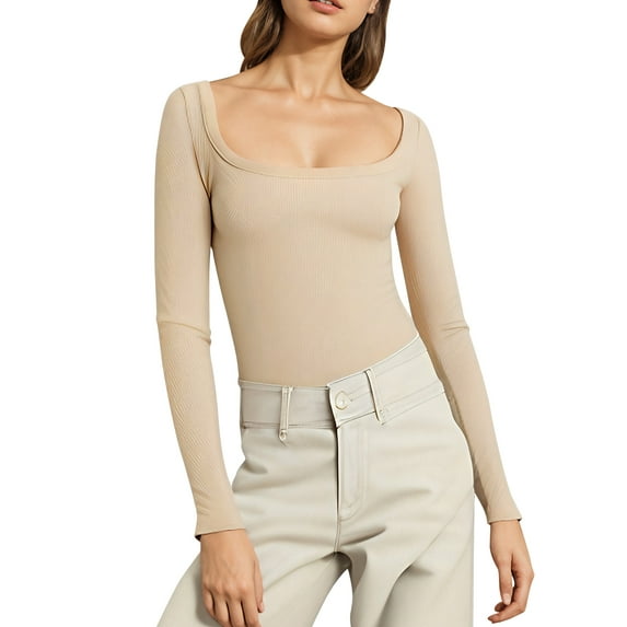 OBEEII Beige Tops for Women Basic Long Sleeve T-shirt Layering Solid Color Slim Fit Pullover Tops Running Athletic Tops