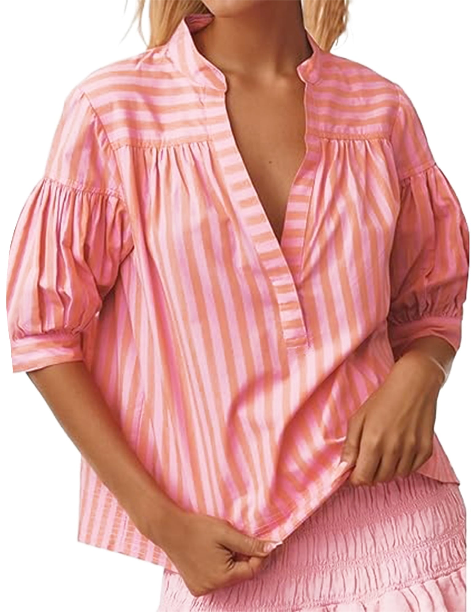 OBEEII Blouse Casual V Neck Puff Sleeve Tops Summer Shirts for Women ...