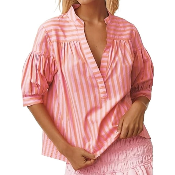 OBEEII Blouse Casual V Neck Puff Sleeve Tops Summer Shirts for Women Loose Fashion Striped Business Shirts