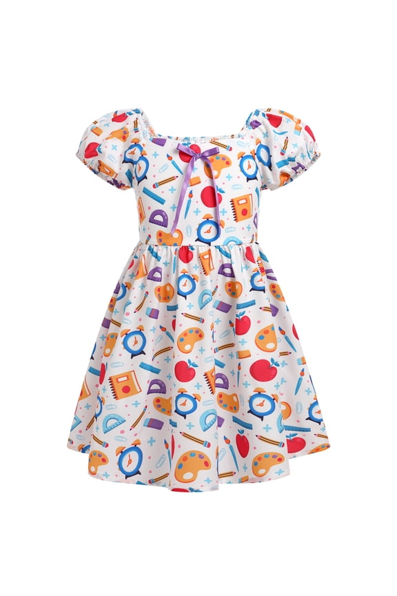 Dresses for Girls Summer Short Puff Sleeve Back to School Dresses School Outfits Causal Dresses First Day of School