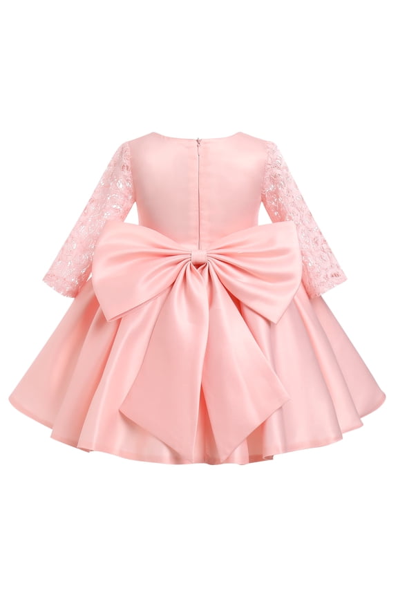 Dresses for Kids Girls Sheer Lace Sleeve Flower Girls Dresses Princess Wedding Dress Bow Knot Satin Pageant Dress, Pink Size 6M-6T