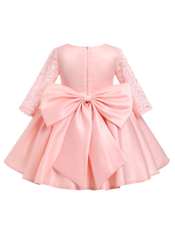 Dresses for Kids Girls Sheer Lace Sleeve Flower Girls Dresses Princess Wedding Dress Bow Knot Satin Pageant Dress, Pink Size 6M-6T