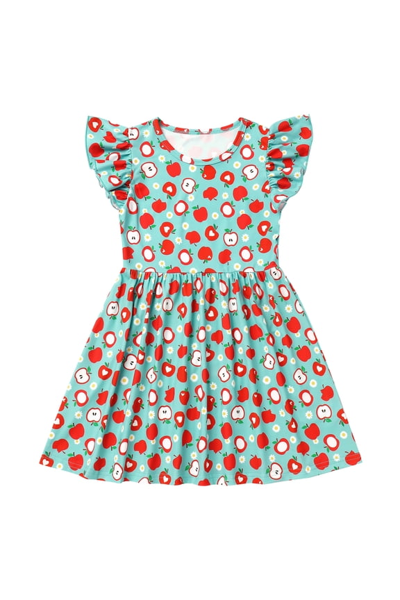 Toddle Kids Back to School Dress for Girls Flutter Sleeve First Day of School Casual Outfits Pencil Apple Print School Dress Clothes 5-6 Years Green