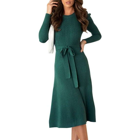OBEEII Dresses for Women Fall Winter Long Puff Sleeve Sweater Dresses Belted Midi Dresses Knitted Dresses for Work Office Casual