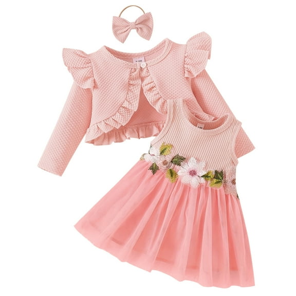 OBEEII Floral Girls Dress Infant Toddle Girl Clothes Sleeveless Dressy Dresses and Long Sleeve Cardigan Outfits Set, Pink Size 3M-3T