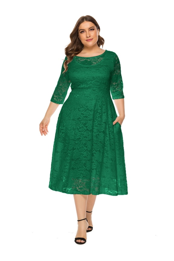 Floral Lace Plus Size Dresses 3/4 Sleeve O Neck Party Wedding Cocktail Swing Midi Dress with Pockets for Women Fashion Clothes