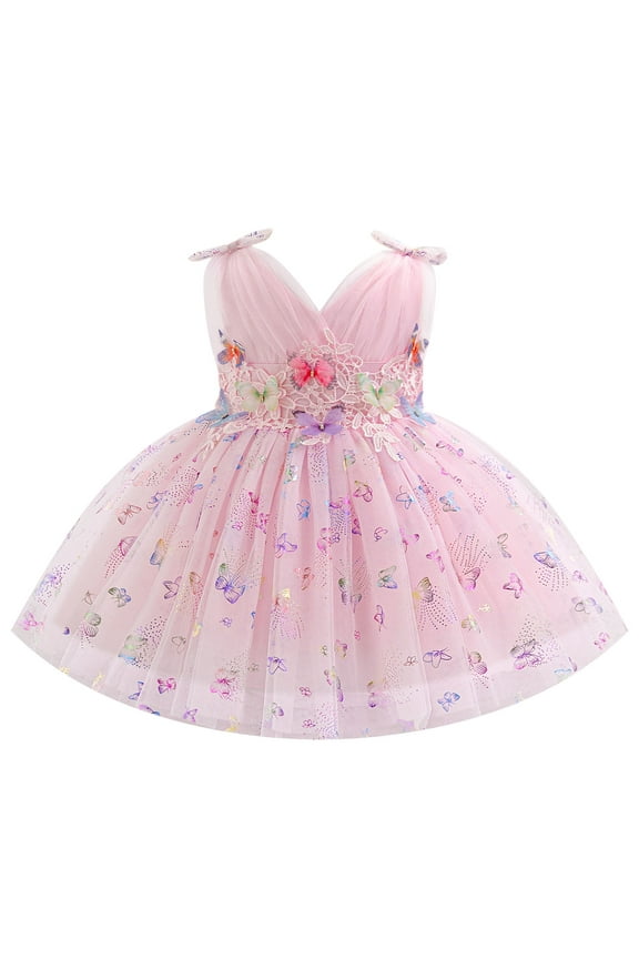 Flower Girls Dresses 3D Butterflies Lace Dress Sleeveless Pink Layered Tulle Dresses Pageant Party Dress for Wedding Ball Gown Communion