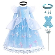 OBEEII Girls Cinderella Short Puff Sleeve Princess Dress with Accessories Cosplay Halloween Christmas Carnival Party Costume Fairy Princess Dress up Birthday Outfit for Child