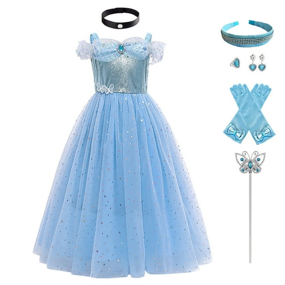 OBEEII Girls Cinderella Short Puff Sleeve Princess Dress with Accessories Cosplay Halloween Christmas Carnival Party Costume Fairy Princess Dress up Birthday Outfit for Child