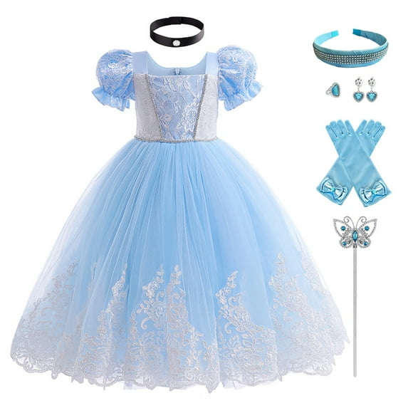 OBEEII Girls Cinderella Short Puff Sleeve Princess Dress with Accessories Cosplay Halloween Christmas Carnival Party Costume Fairy Princess Dress up Birthday Outfit for Child