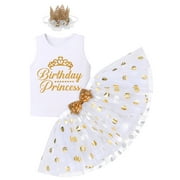 OBEEII Infant Baby Girls Birthday Party Outfit Long Sleeve Top Monogram Print Vest With Tutu And Crown Baby Girls Cake Smash Outfit 12-18 Months Golden Point