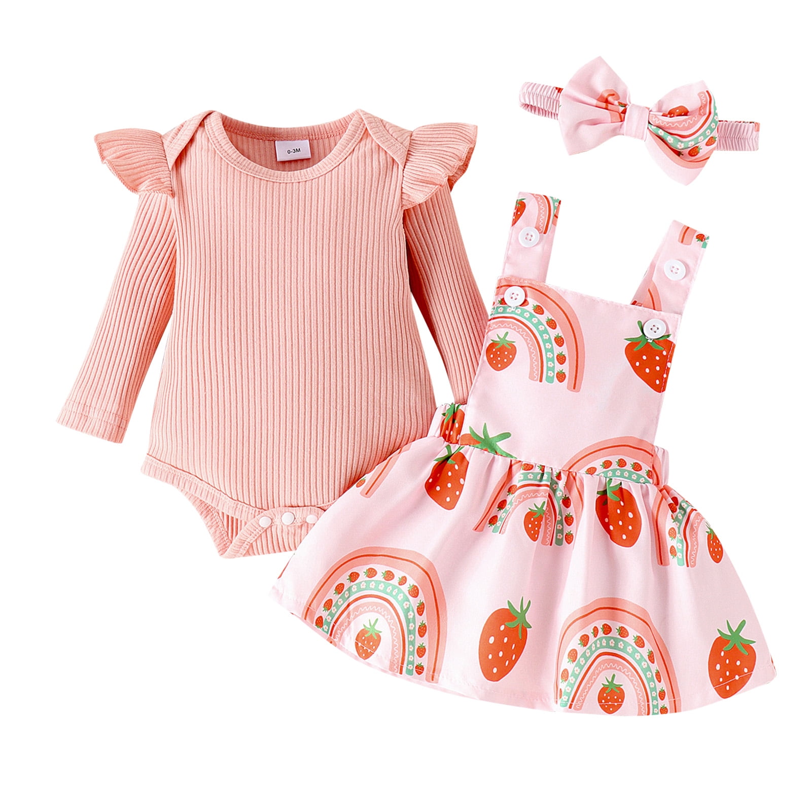 OBEEII Infant Toddle Girls Clothes Long Sleeve Jumpsuit and Strawberry Printed Skirt Fall Winter Casual Outfits Suit Cake Smash with Headband 3Pcs