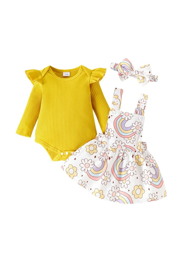 Infant Toddle Girls Ribbed Knitted Jumpsuit Bodysuits with Printed Suspender Dresses, Bow Headband 3Pcs for First Coming Home