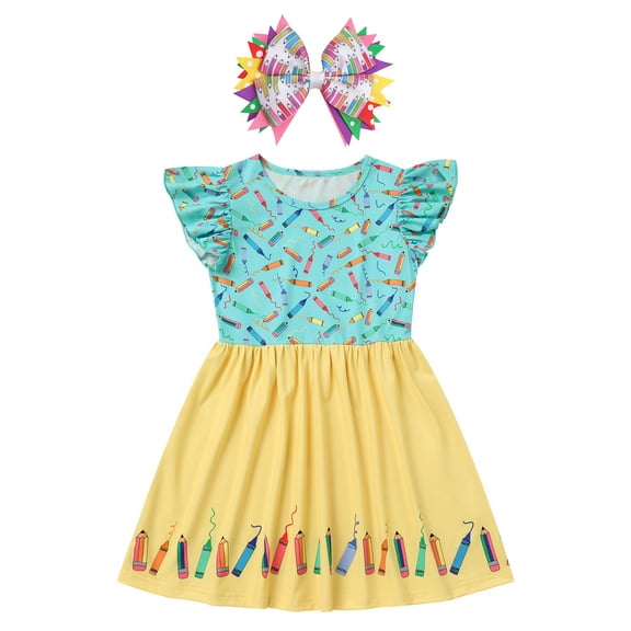 OBEEII Back to School Dress for Girls Toddle Kids Flutter Sleeve Casual Outfits Pencil Apple Print School Dress Clothes with Bow Headband 4-5 Years Blue Yellow