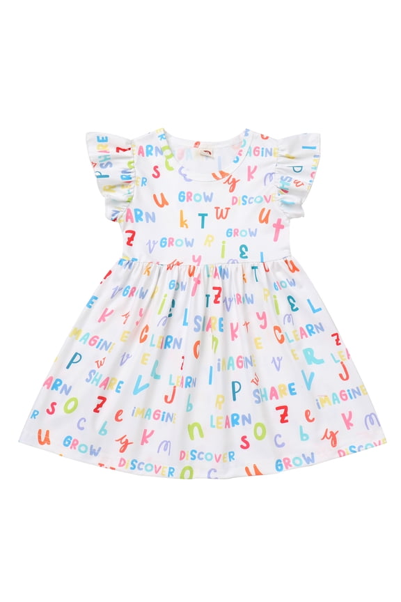 Toddle Kids Back to School Dress for Girls Flutter Sleeve First Day of School Casual Outfits Pencil Apple Print School Dress Clothes 6-7 Years White