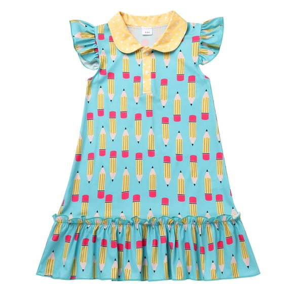 OBEEII Kids Girls Back to School Dress Flutter Sleeve Dress Clothes Berry Stationery Pencil Print School Dress Outfits Cause Lapel Collar Ruffle Dress 6-7 Years Blue