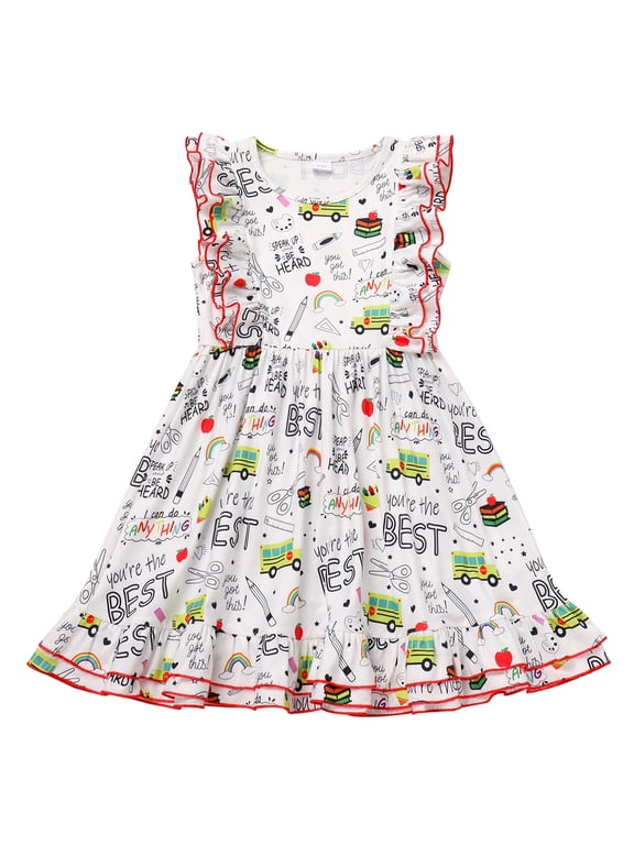 Kids Girls Back to School Toddle Pencil Apple Print Casual Flutter Sleeve Round Neck School Dress Ruffle Dress Outfits 4-5 Years White